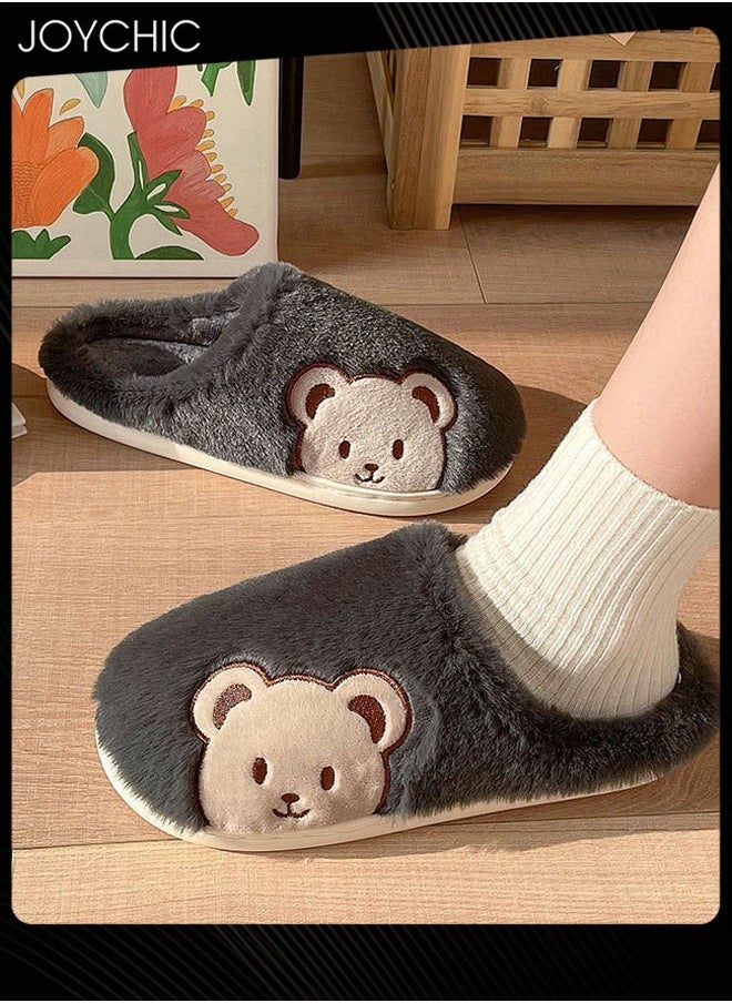 Joychic - Lovely Bear Design Men Cotton Slippers  Autumn And Winter Home Indoor Non-Slip Thick Comfot Soft Bottom Warm Bedroom Slippers Dark Grey - Image 1