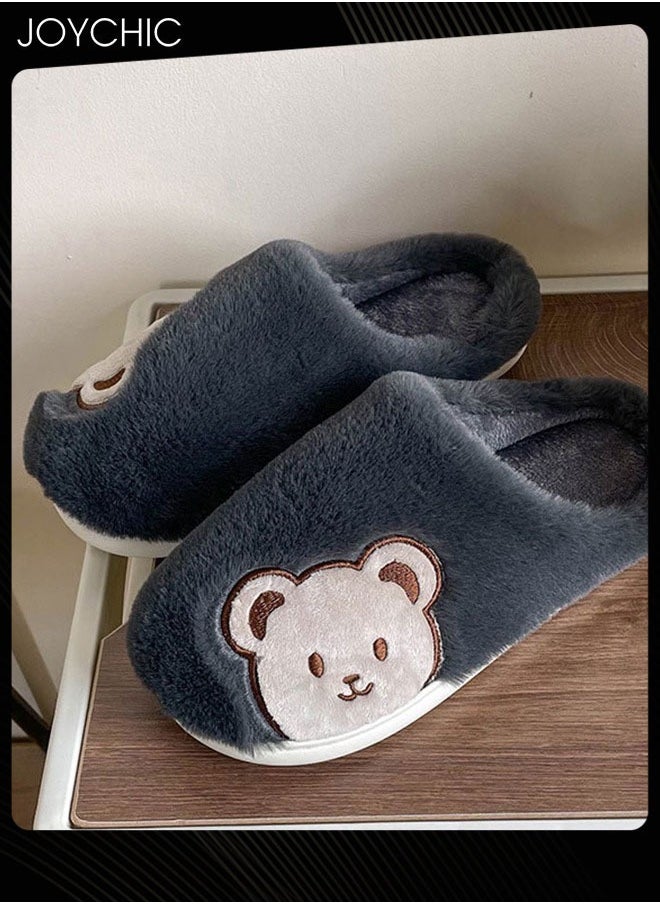 Joychic - Lovely Bear Design Men Cotton Slippers  Autumn And Winter Home Indoor Non-Slip Thick Comfot Soft Bottom Warm Bedroom Slippers Dark Grey - Image 1