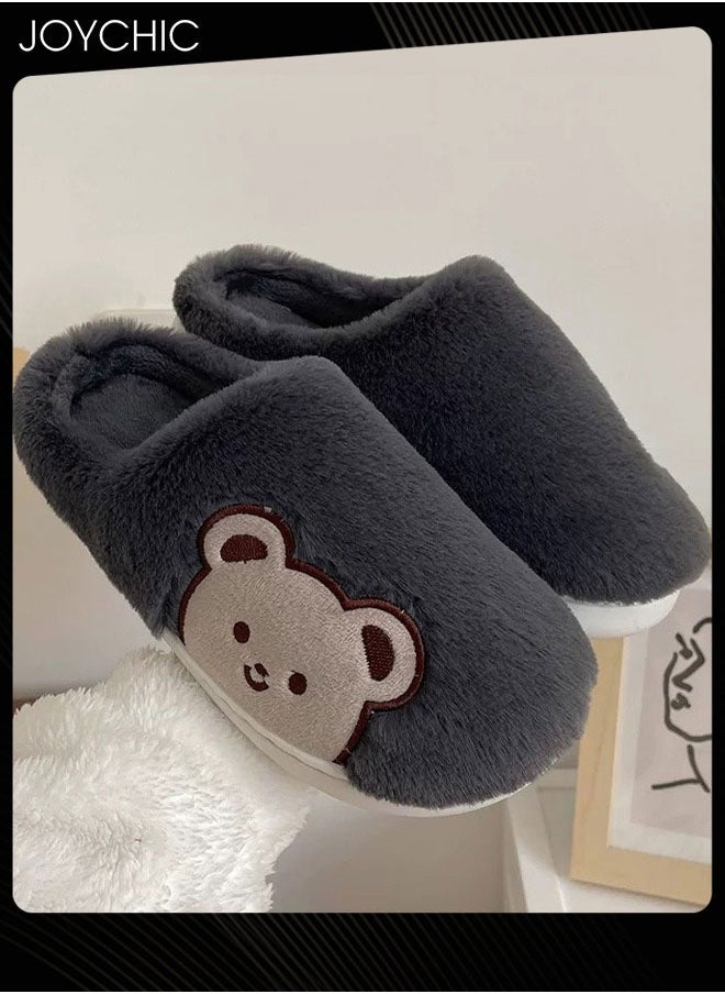 Joychic - Lovely Bear Design Men Cotton Slippers  Autumn And Winter Home Indoor Non-Slip Thick Comfot Soft Bottom Warm Bedroom Slippers Dark Grey - Image 1