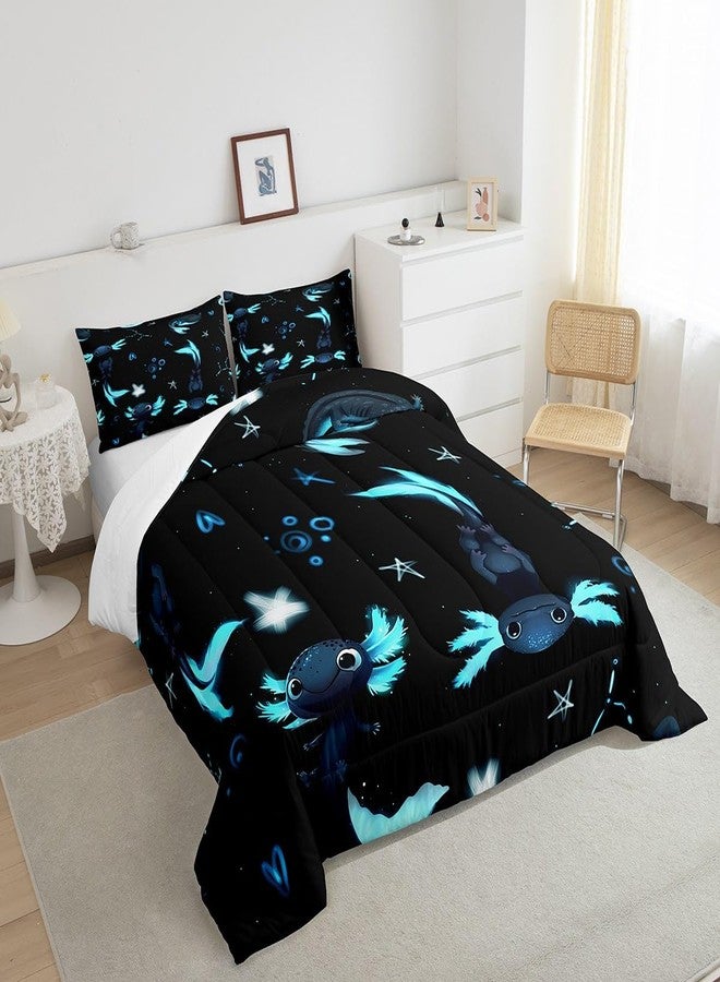Homewish Cute Axolotl Comforter Set Queen for Boys Kids Cartoon Salamander Room Decor Black Blue Axolotl Comforter Aldults Bedroom Kawaii Animals Bedding Set 1 Comforter with 2 Pillow Cases,Lightweight Soft - Image 4