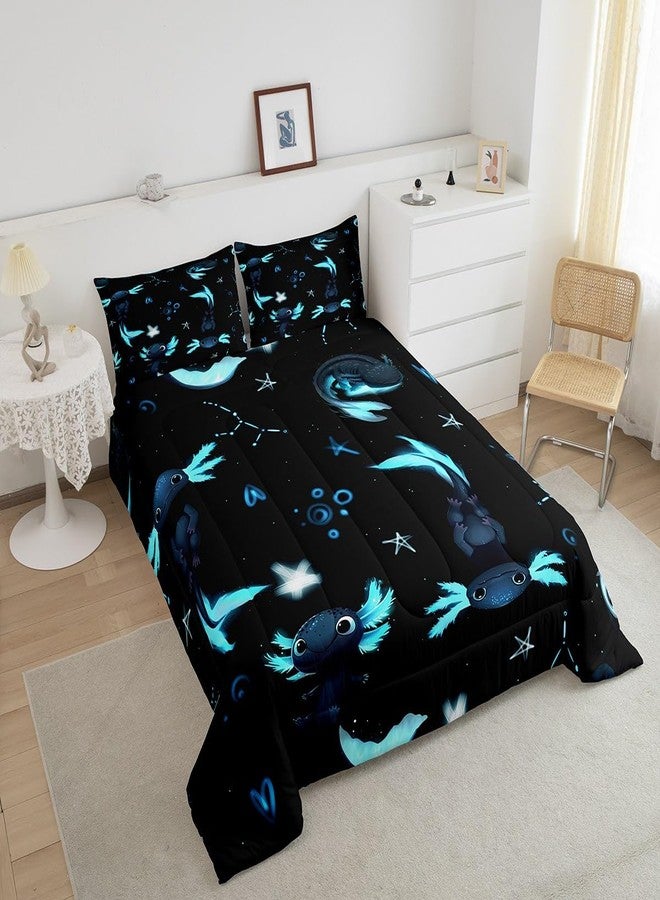 Homewish Cute Axolotl Comforter Set Queen for Boys Kids Cartoon Salamander Room Decor Black Blue Axolotl Comforter Aldults Bedroom Kawaii Animals Bedding Set 1 Comforter with 2 Pillow Cases,Lightweight Soft - Image 3