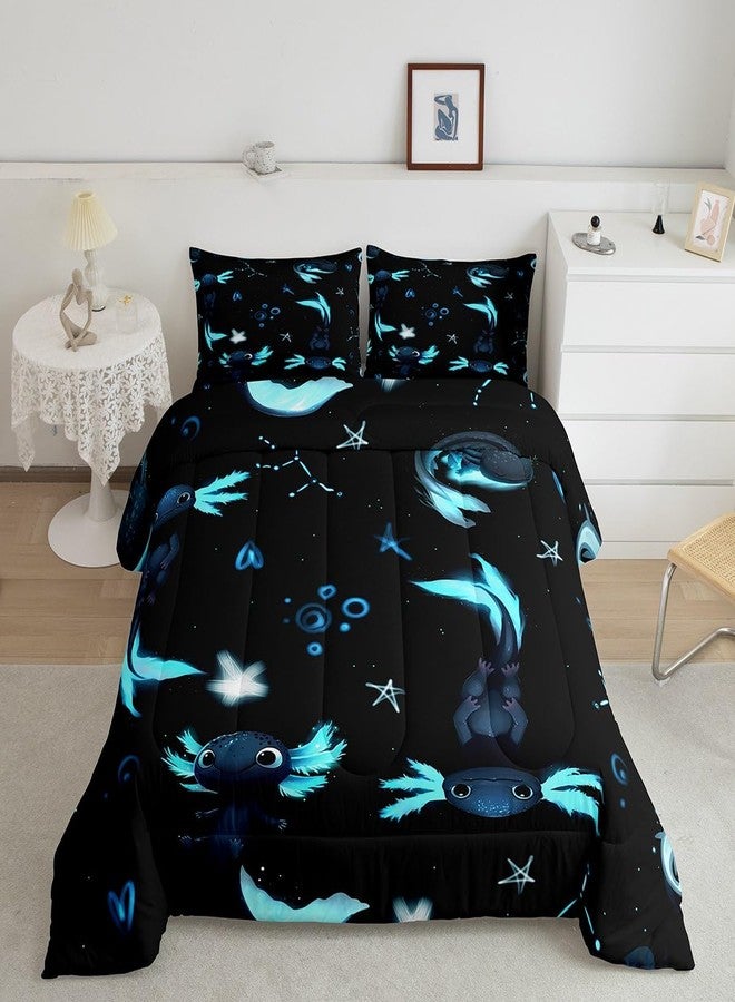 Homewish Cute Axolotl Comforter Set Queen for Boys Kids Cartoon Salamander Room Decor Black Blue Axolotl Comforter Aldults Bedroom Kawaii Animals Bedding Set 1 Comforter with 2 Pillow Cases,Lightweight Soft - Image 1