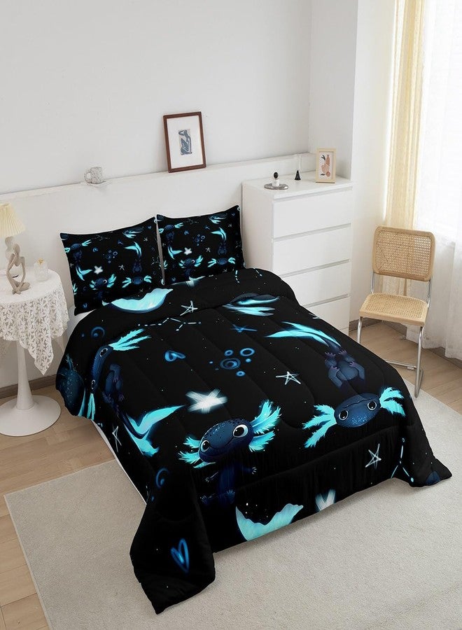Homewish Cute Axolotl Comforter Set Queen for Boys Kids Cartoon Salamander Room Decor Black Blue Axolotl Comforter Aldults Bedroom Kawaii Animals Bedding Set 1 Comforter with 2 Pillow Cases,Lightweight Soft - Image 2