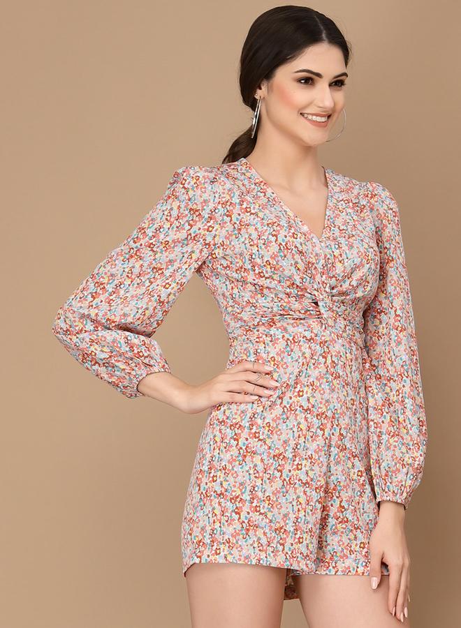 Kassually جمبسوت مزخرف بزهور على شكل V للنساء - Image 2