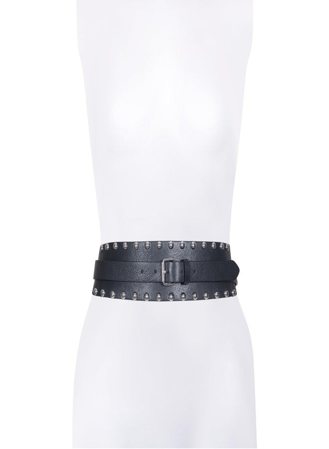 AllSaints Women's 1 Inch Tapered Double Wrap Leather, Wide Belt with Roller Buckle, Black, L-XL - Image 2