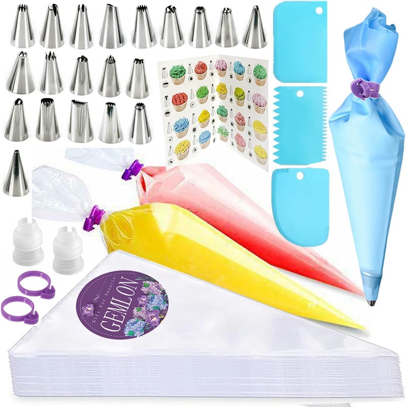 GEMLON Piping Bags and Tips Set, 100PCS 12 Inch Disposable Pastry Bags with Tips Cupcake Frosting Piping Kit Cookie Decorating Supplies, Royal Icing Bags and Tips Set for Cake Decorating Baking Tools - Image 1