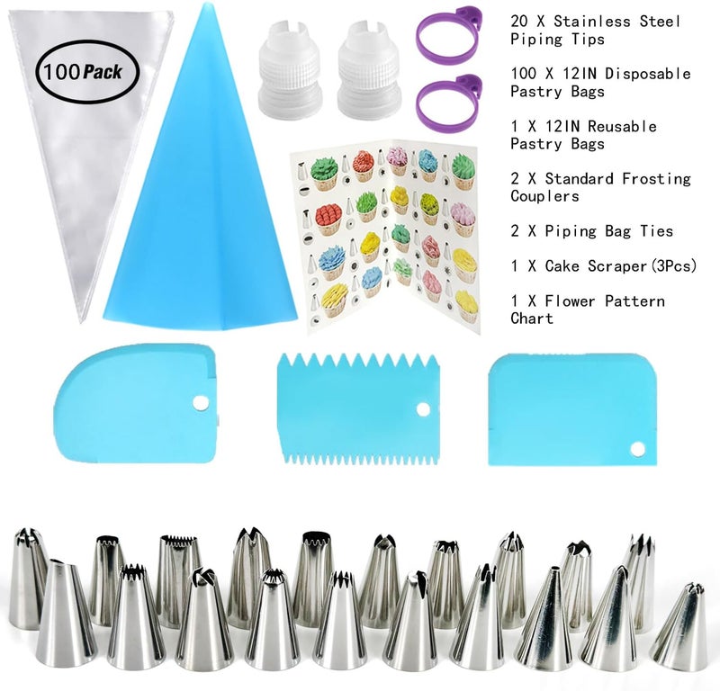 GEMLON Piping Bags and Tips Set, 100PCS 12 Inch Disposable Pastry Bags with Tips Cupcake Frosting Piping Kit Cookie Decorating Supplies, Royal Icing Bags and Tips Set for Cake Decorating Baking Tools - Image 2