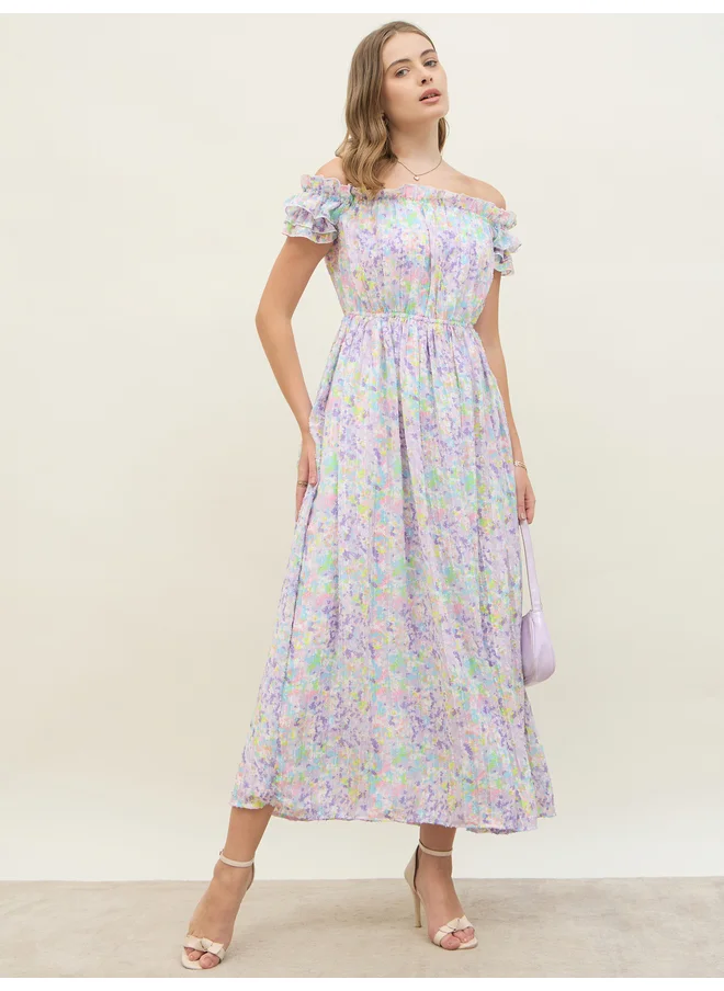 ستايلي Styli Floral Printed Off Shoulder Midi Dress