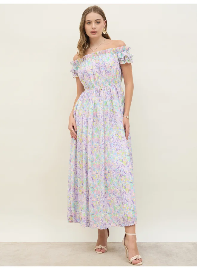 ستايلي Styli Floral Printed Off Shoulder Midi Dress