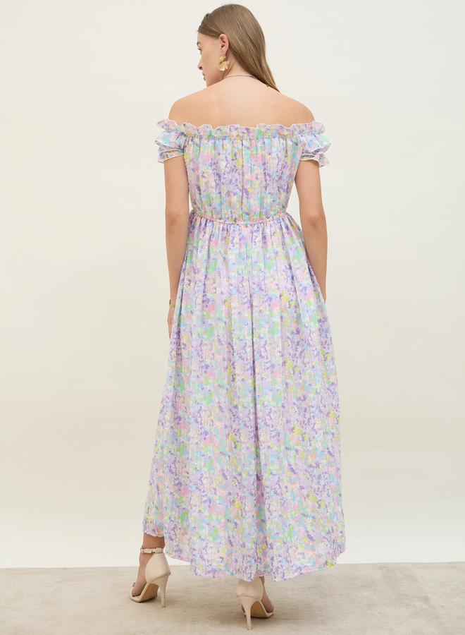 Styli Floral Printed Off Shoulder Midi Dress - Image 5