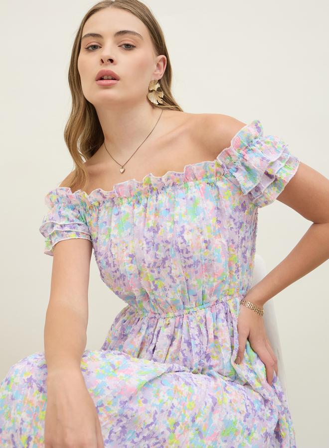 Styli Floral Printed Off Shoulder Midi Dress - Image 4