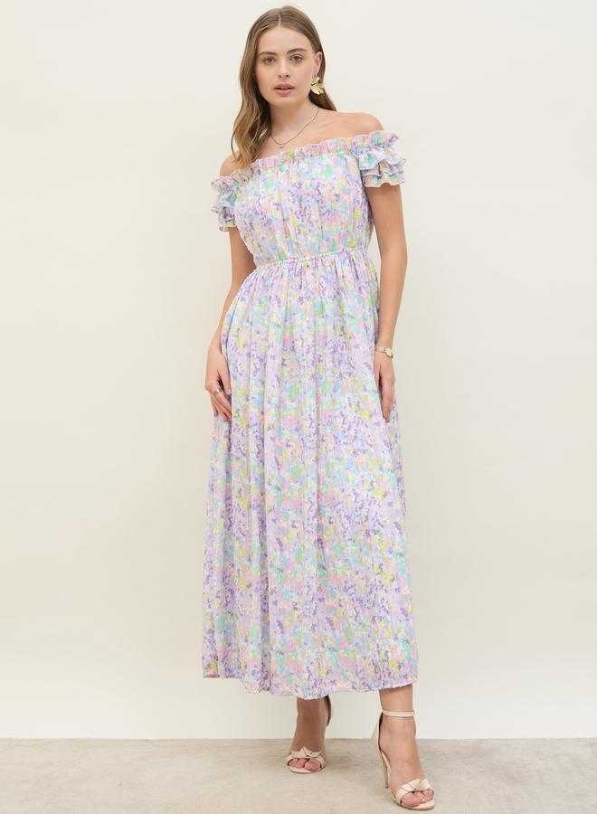 Styli Floral Printed Off Shoulder Midi Dress - Image 2