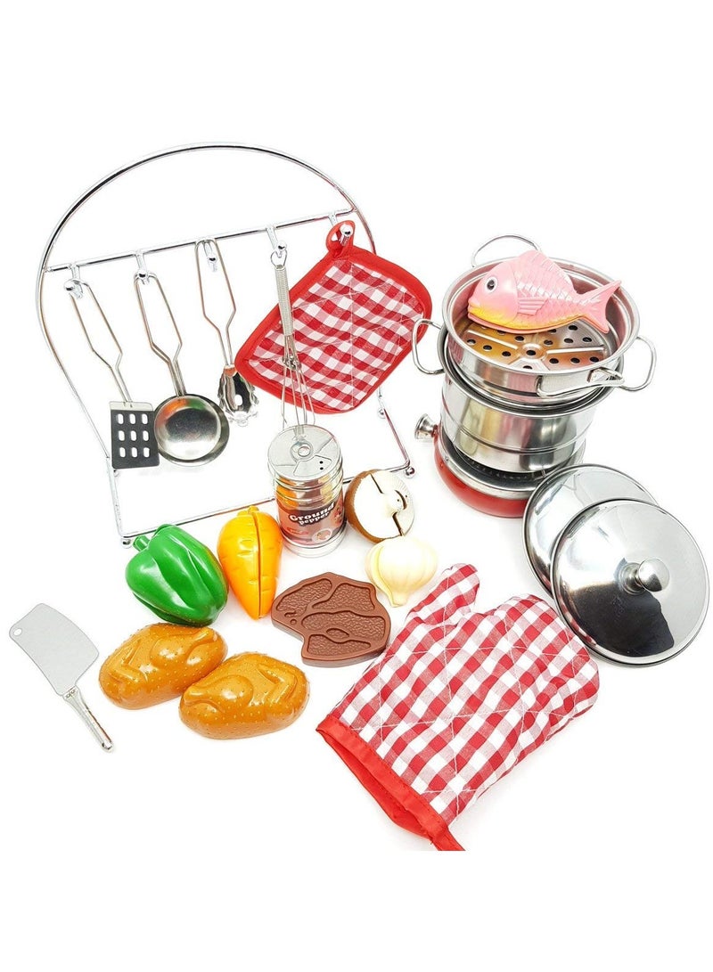 23 Pieces Good Quality Stainless Steel Toy Kitchen Set, Mini Kitchen Set, Colourful Cooking Accessories, Role Play Toy, Suitable for Kids Above 3 Year - Image 1
