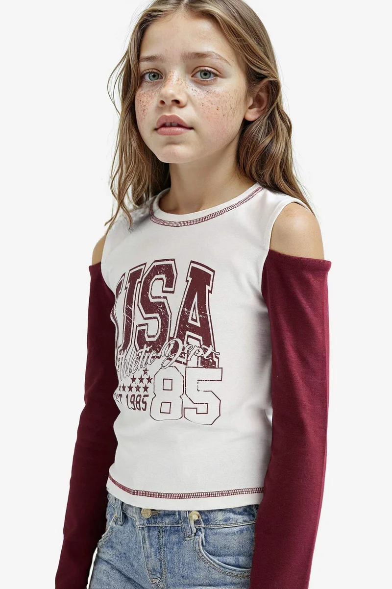 ديفاكتو Girl Slim Fit Crew Neck Printed Ribbed T-Shirt