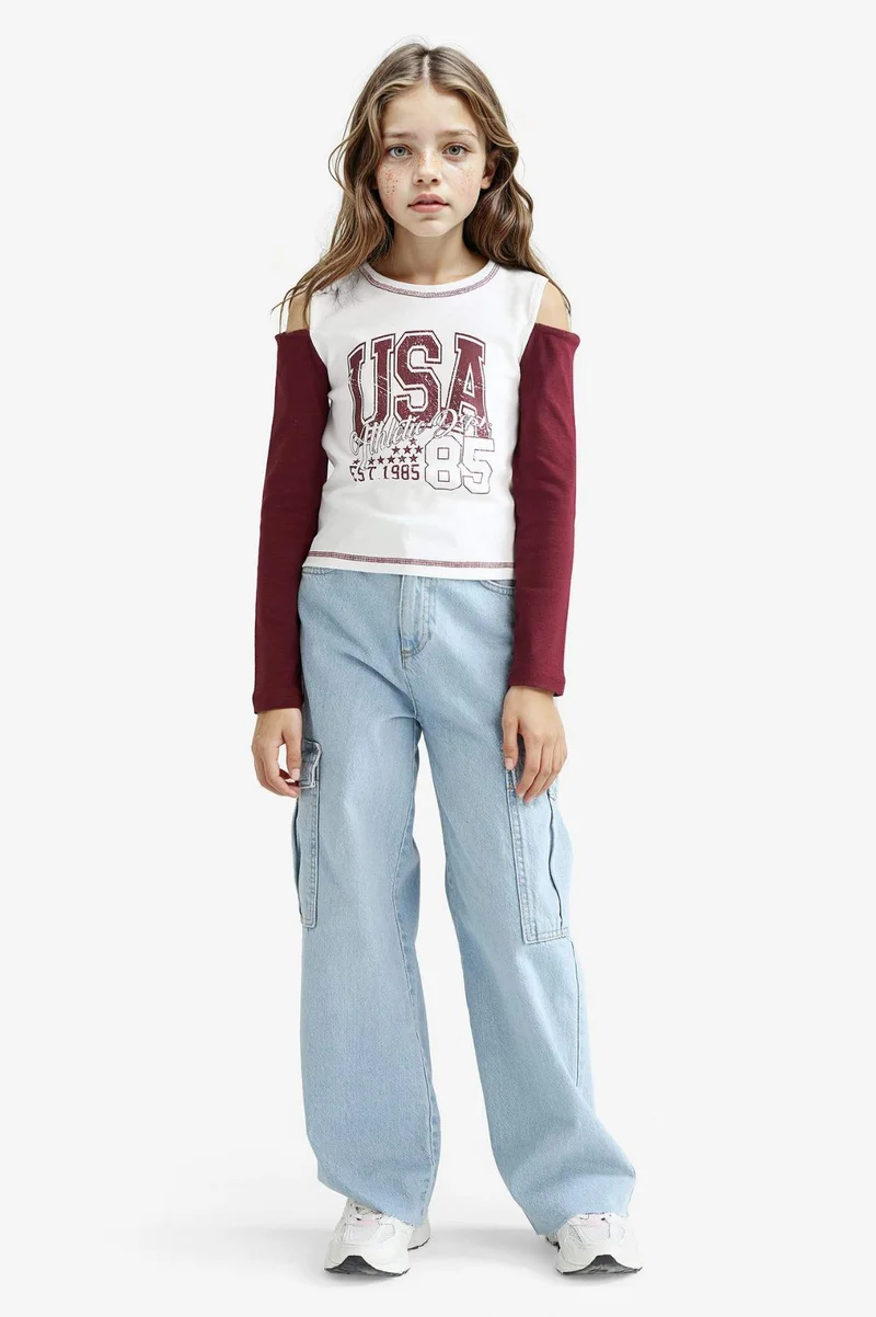 ديفاكتو Girl Slim Fit Crew Neck Printed Ribbed T-Shirt