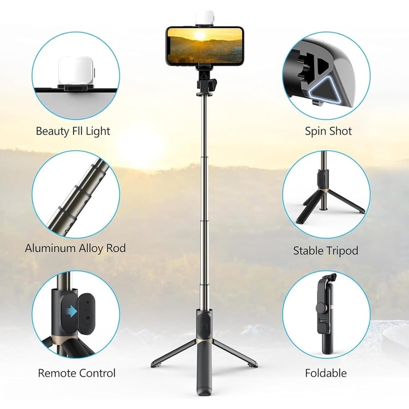 TARAVEE ,i17 Selfie Stick with Tripod Stand,Extendable Bluetooth Selfie Stick for Mobile Phone,LED Light,Compatible with iPhone & 360 Degree Rotation,Selfie Stick Tripod Stand 4 in 1 Photography,selfi - Image 3