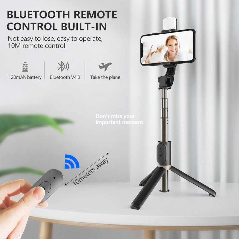 TARAVEE ,i17 Selfie Stick with Tripod Stand,Extendable Bluetooth Selfie Stick for Mobile Phone,LED Light,Compatible with iPhone & 360 Degree Rotation,Selfie Stick Tripod Stand 4 in 1 Photography,selfi - Image 2