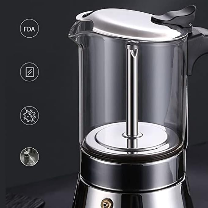 Sorandy Moka Pot Crystal Glass Top 6 Cup Stovetop Espresso Maker Stainless Steel Coffee Maker Classic Italian And Cuban Coffee Percolator Induction Espresso Maker Silver - Image 4