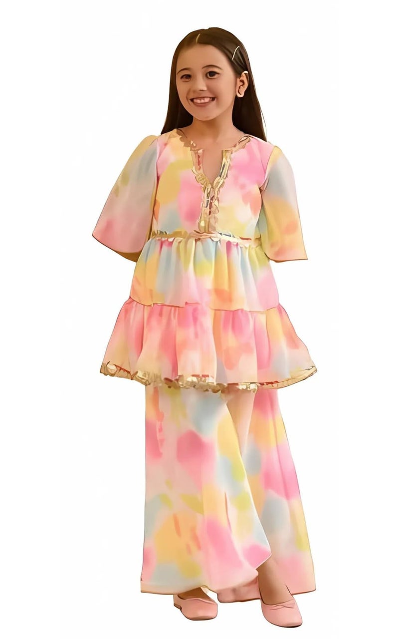 Naixa Girls Multicolor Printed Georgette Sharara And Choli Set | Kurta Sharara Set for kids, Girls | Top and Sharara Set for girls | Salwar Suit Set (SE46_7-8 YEAR) - Image 1