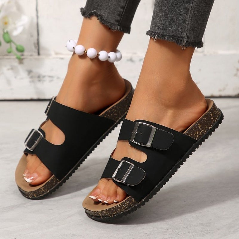 Casual Double Strap Metal Buckle Espadrille Sandals, Cork Sole, Breathable, Thick Sole - Image 3