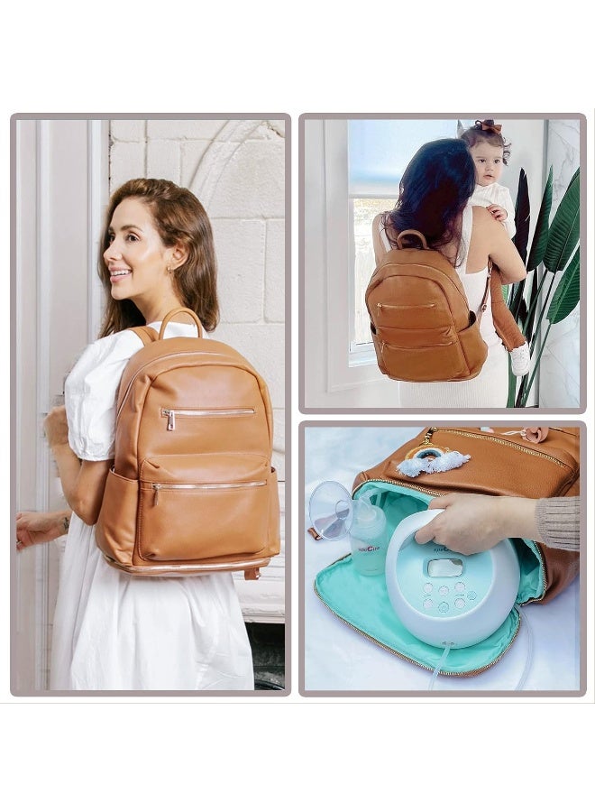 MOMINSIDE حقيبة ظهر صغيرة لحفاضات MOMINSIDE، 13 جيب، حقيبة حفاضات جلدية مصغرة، حقيبة أطفال، حقيبة مضخة ثدي، غلاف لابتوب 13 بوصة، 2 جيب معزول، قسم سفلي (بني) - Image 2