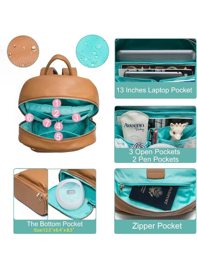 MOMINSIDE حقيبة ظهر صغيرة لحفاضات MOMINSIDE، 13 جيب، حقيبة حفاضات جلدية مصغرة، حقيبة أطفال، حقيبة مضخة ثدي، غلاف لابتوب 13 بوصة، 2 جيب معزول، قسم سفلي (بني) - Image 4