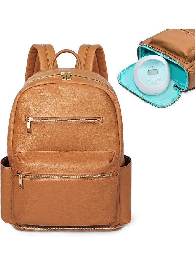 MOMINSIDE حقيبة ظهر صغيرة لحفاضات MOMINSIDE، 13 جيب، حقيبة حفاضات جلدية مصغرة، حقيبة أطفال، حقيبة مضخة ثدي، غلاف لابتوب 13 بوصة، 2 جيب معزول، قسم سفلي (بني) - Image 1