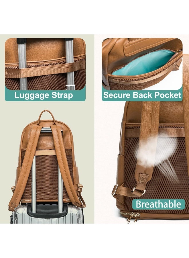 MOMINSIDE حقيبة ظهر صغيرة لحفاضات MOMINSIDE، 13 جيب، حقيبة حفاضات جلدية مصغرة، حقيبة أطفال، حقيبة مضخة ثدي، غلاف لابتوب 13 بوصة، 2 جيب معزول، قسم سفلي (بني) - Image 3