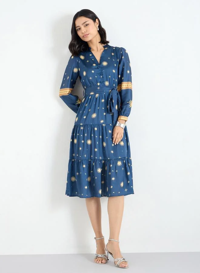 Styli Styli Blue Star and Moon Print Midi Dress
