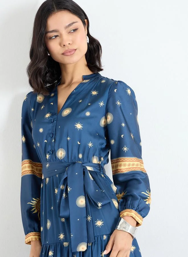 Styli Styli Blue Star and Moon Print Midi Dress