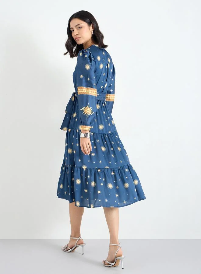 Styli Styli Blue Star and Moon Print Midi Dress