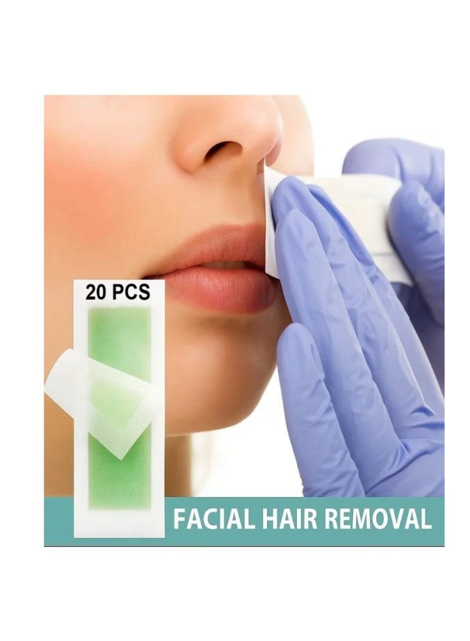 20 شرائط شمع الوجه - مصممة لإزالة الشعر الدقيقة واللطيفة والسهلة - مثالية للحابب والشفة العليا والشارب والخدين - تصميم 2 في 1 (يمكن تقسيم كل شريط إلى اثنين) - شرائط شمع الوجه لإزالة الشعر بلا ألم - Image 1