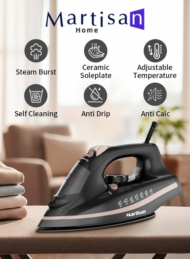Martisan Powerful 2600 W Steam Iron, Ceramic Non-stick Soleplate, 4-in-1 Iron, Fast Heating Iron Box, Dry Ironing, Spray & Burst Steam, Adjustable Temperature, Self-Cleaning, Anti Drip, Anti Calc, 270ml Large Water Tank, Black Silver - Image 1