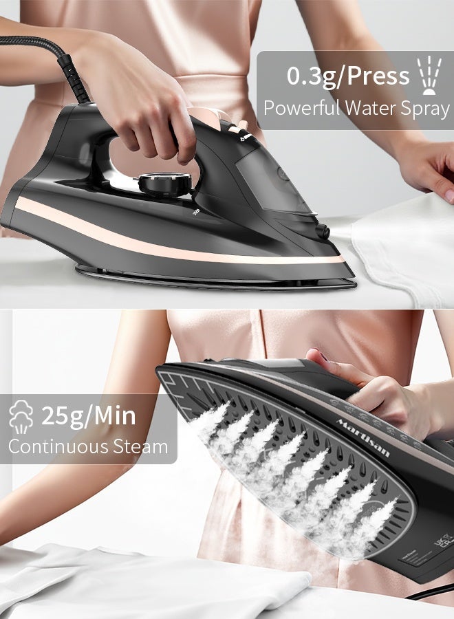 مارتيزان مكواة بخار قوية 2600 واط، قاعدة سيراميك غير لاصقة، مكواة 4 في 1، صندوق مكواة سريع التسخين، كي جاف، بخار رذاذ ومتدفق، درجة حرارة قابلة للتعديل، تنظيف ذاتي، مضاد للتنقيط، مضاد للتكلس، خزان مياه كبير 270 مل، أسود فضي - Image 5