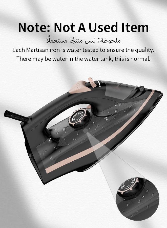 مارتيزان مكواة بخار قوية 2600 واط، قاعدة سيراميك غير لاصقة، مكواة 4 في 1، صندوق مكواة سريع التسخين، كي جاف، بخار رذاذ ومتدفق، درجة حرارة قابلة للتعديل، تنظيف ذاتي، مضاد للتنقيط، مضاد للتكلس، خزان مياه كبير 270 مل، أسود فضي - Image 2