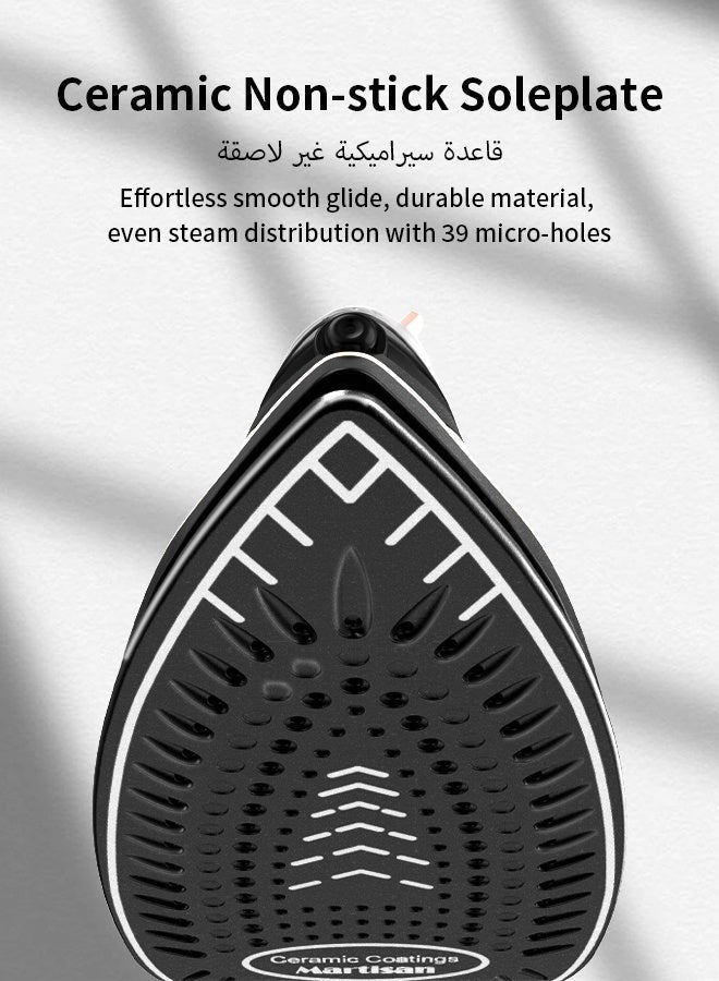 مارتيزان مكواة بخار قوية 2600 واط، قاعدة سيراميك غير لاصقة، مكواة 4 في 1، صندوق مكواة سريع التسخين، كي جاف، بخار رذاذ ومتدفق، درجة حرارة قابلة للتعديل، تنظيف ذاتي، مضاد للتنقيط، مضاد للتكلس، خزان مياه كبير 270 مل، أسود فضي - Image 3