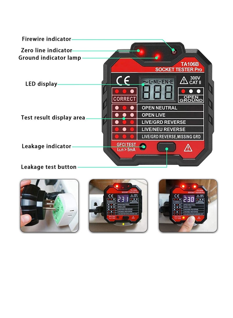 Socket Tester, Mains Outlet Tester with Voltage Display, Automatic Electric Circuit Polarity Detector, Wall Plug Breaker Finder（UK Plug）