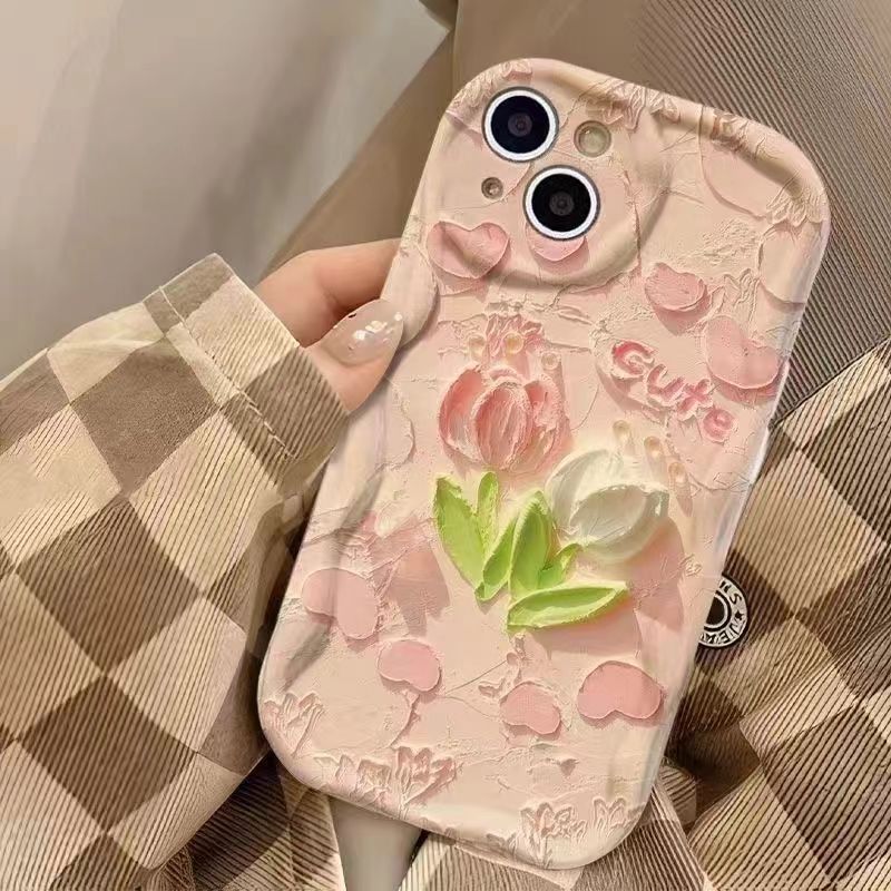 Pink Tulip Suitable for Apple 16Promax Mobile Phone Case 15 New Women''s Iphone14Pro/13 Cream Pattern - Image 3
