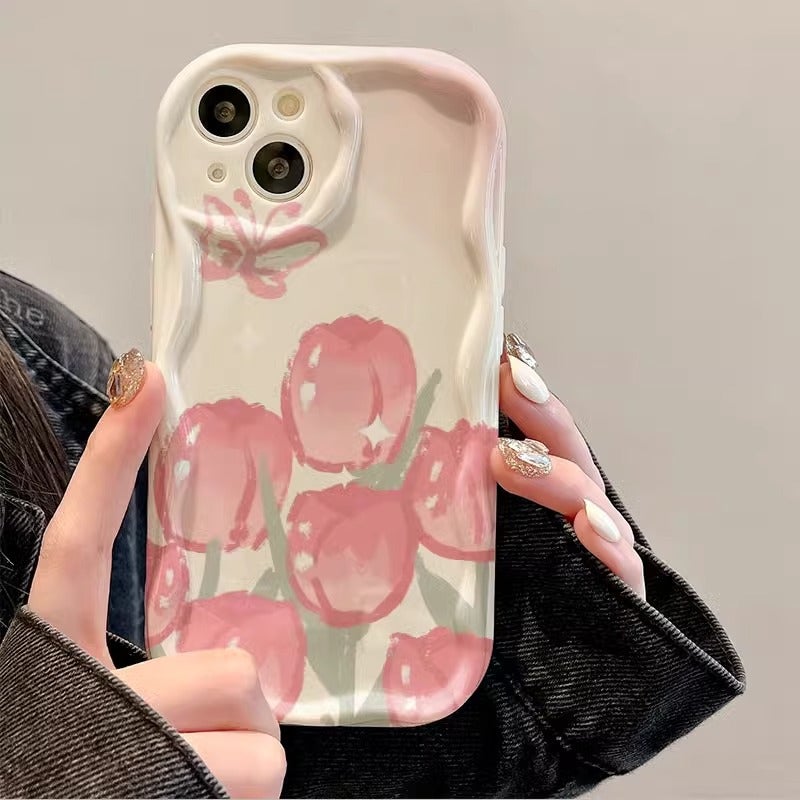 Pink Tulip Suitable for Apple 16Promax Mobile Phone Case 15 New Women''s Iphone14Pro/13 Cream Pattern - Image 4