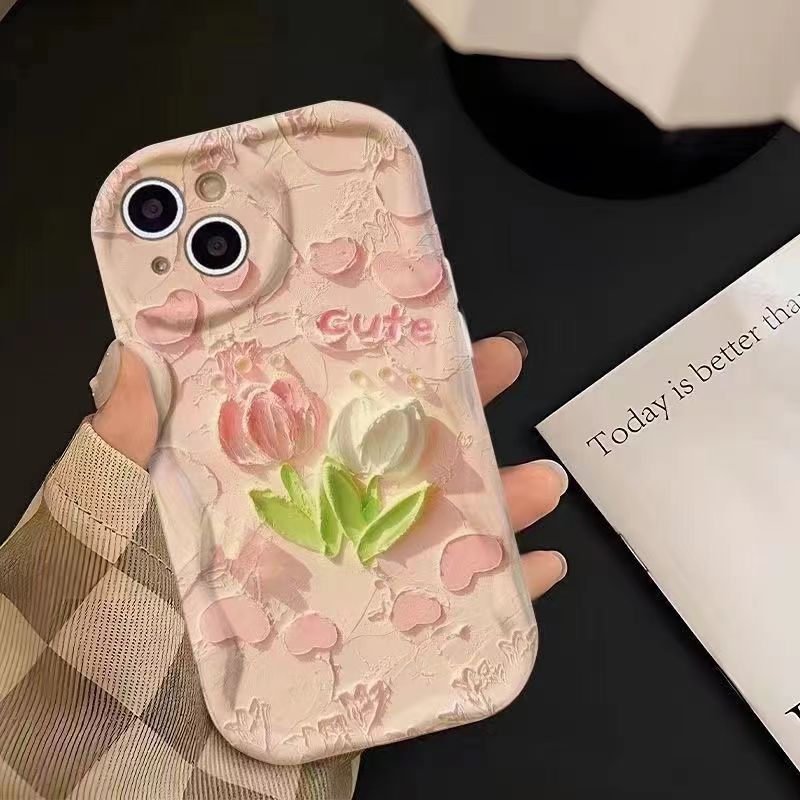 Pink Tulip Suitable for Apple 16Promax Mobile Phone Case 15 New Women''s Iphone14Pro/13 Cream Pattern - Image 5