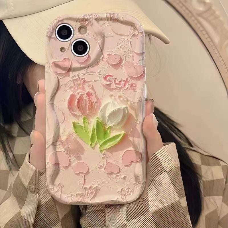 Pink Tulip Suitable for Apple 16Promax Mobile Phone Case 15 New Women''s Iphone14Pro/13 Cream Pattern - Image 2