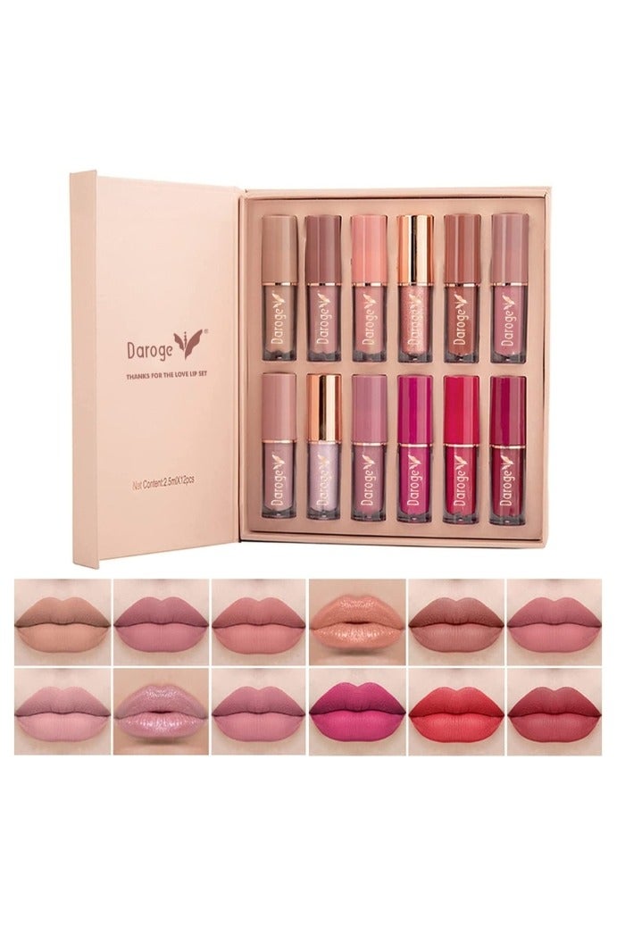Daroge Book Style Velvet Matte Liquid Lipstick Gift Set Excellent Long Lasting & Waterproof Sweatproof Summer Proof Lip Gloss Best for Summer Season Beauty 12 Pieces - Image 1