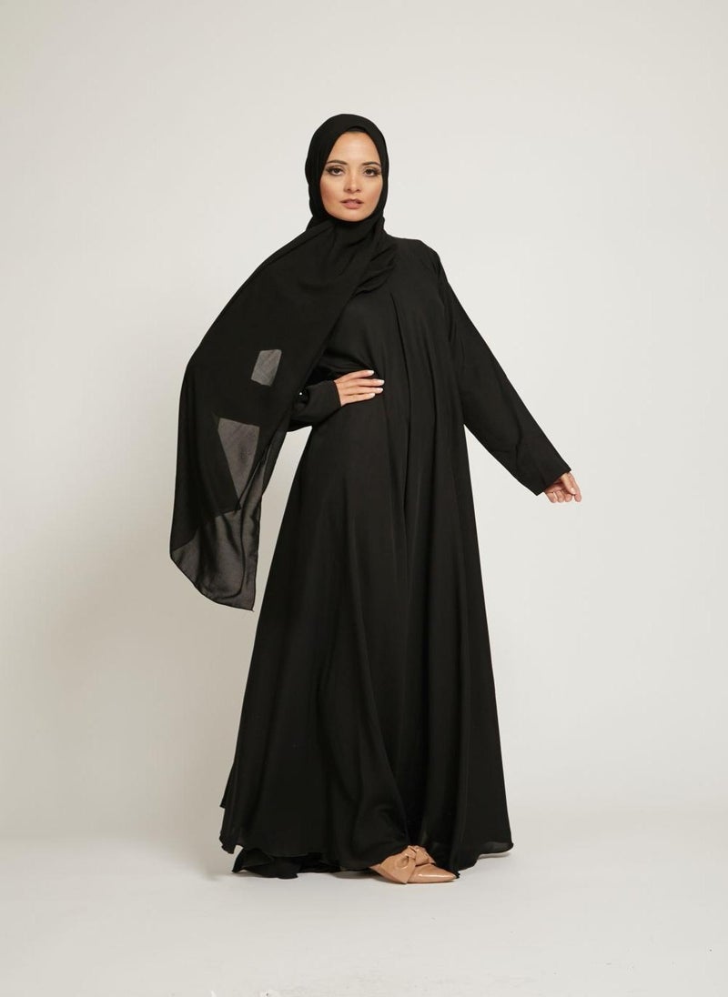 NUKHBAA Elegant Black plain abaya wityh belt and Hijab-AB88 - Image 1