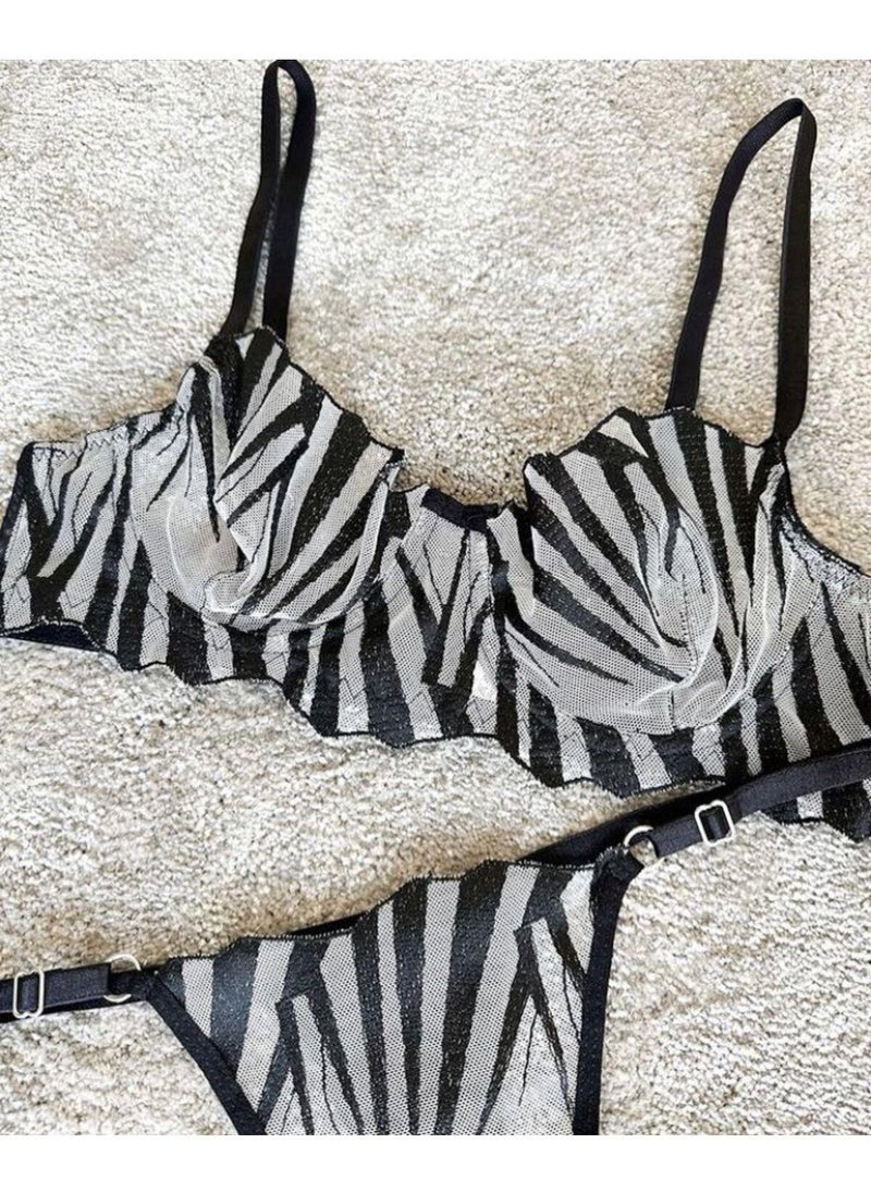 La Linaa Women's Zebra Patterned Thong Panty Bra Set 