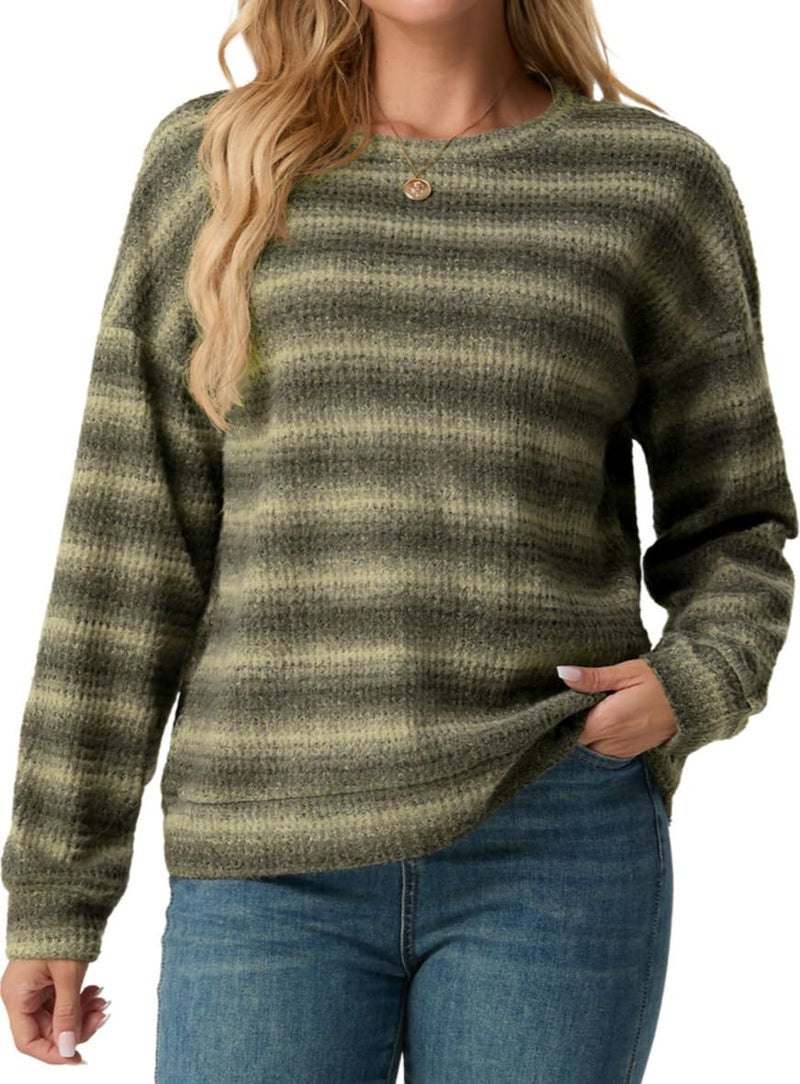 IWOLLENCE Women's Lightweight Waffle Knit Striped Long Sleeve Tops Crewneck Going Out Preppy Shirts Seniors Casual Loose Fall Sweaters Blouse 2025 Yellow Grey, L - Image 5