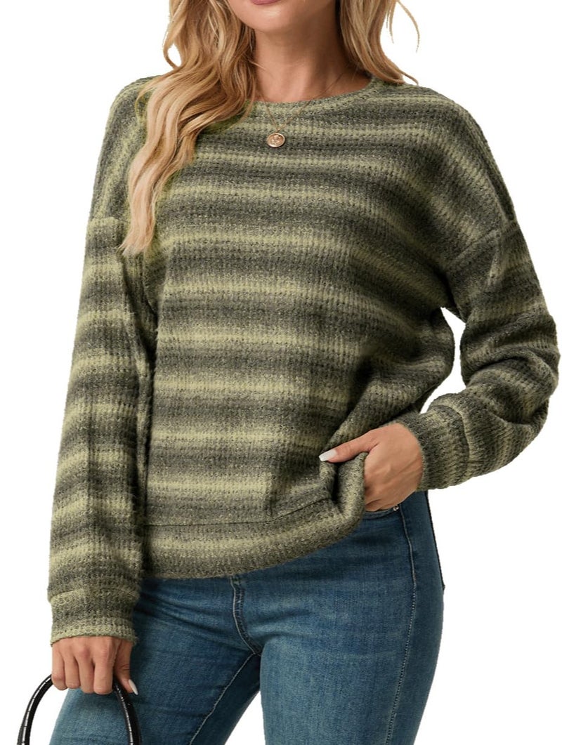 IWOLLENCE Women's Lightweight Waffle Knit Striped Long Sleeve Tops Crewneck Going Out Preppy Shirts Seniors Casual Loose Fall Sweaters Blouse 2025 Yellow Grey, L - Image 3