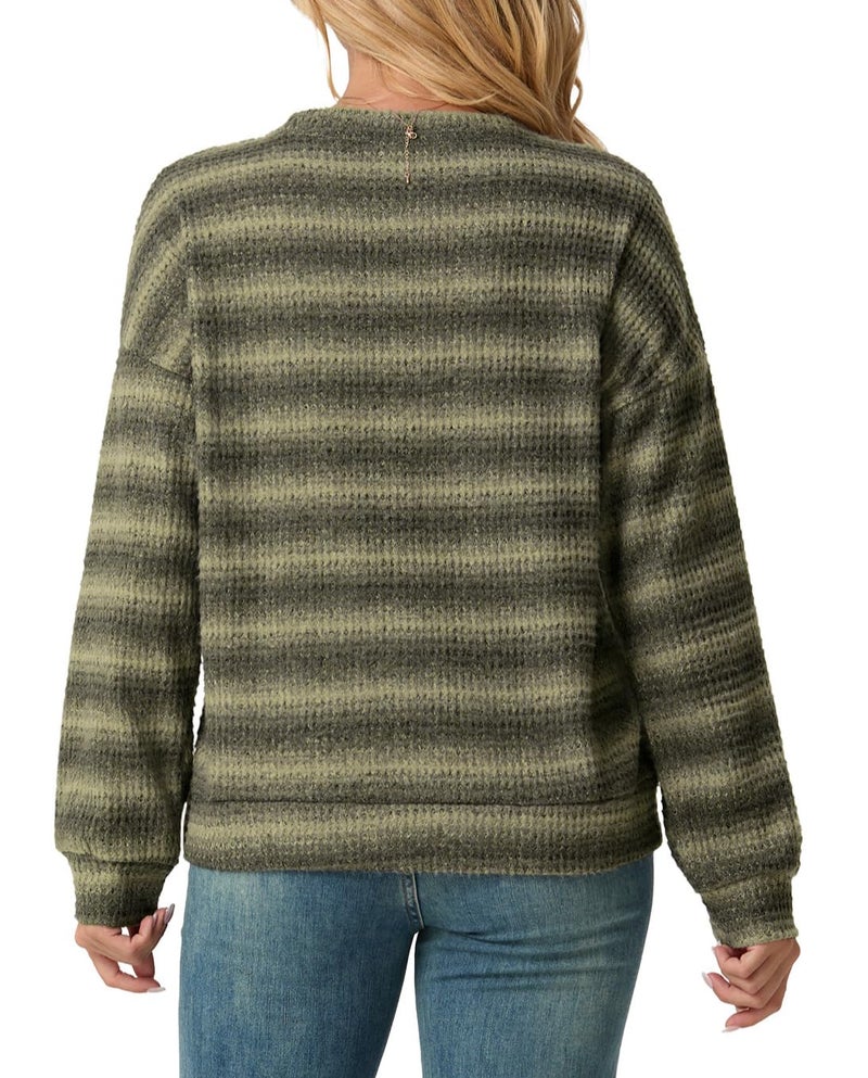 IWOLLENCE Women's Lightweight Waffle Knit Striped Long Sleeve Tops Crewneck Going Out Preppy Shirts Seniors Casual Loose Fall Sweaters Blouse 2025 Yellow Grey, L - Image 4