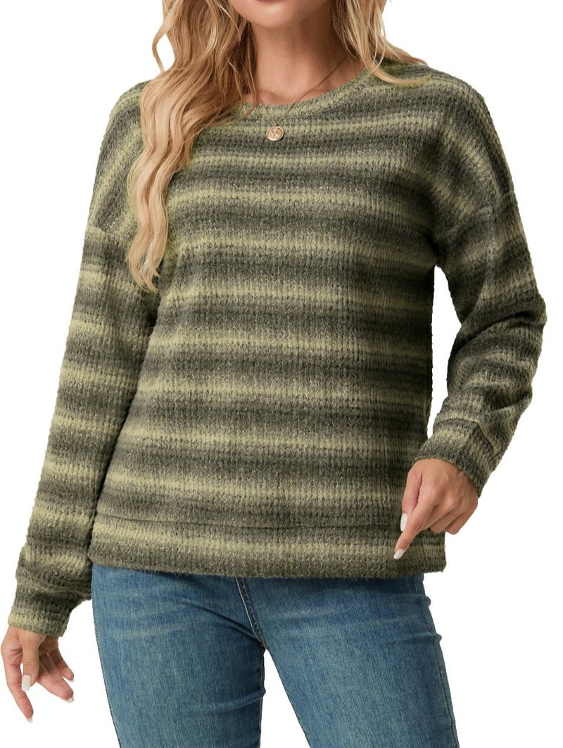 IWOLLENCE Women's Lightweight Waffle Knit Striped Long Sleeve Tops Crewneck Going Out Preppy Shirts Seniors Casual Loose Fall Sweaters Blouse 2025 Yellow Grey, L - Image 2