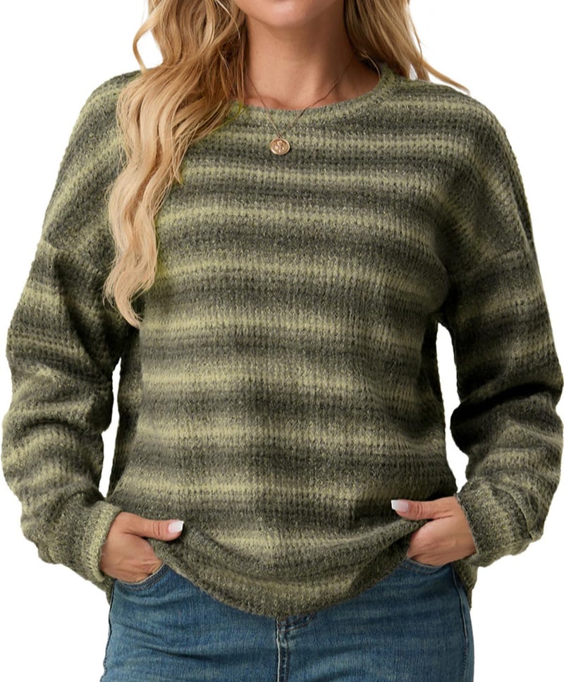 IWOLLENCE Women's Lightweight Waffle Knit Striped Long Sleeve Tops Crewneck Going Out Preppy Shirts Seniors Casual Loose Fall Sweaters Blouse 2025 Yellow Grey, L - Image 1