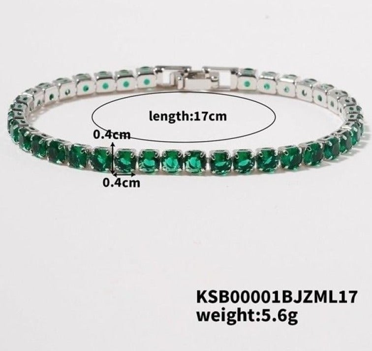 Elegant unisex bracelet set with green emerald-colored cubic zirconia; platinum-plated, 17 cm. - Image 1